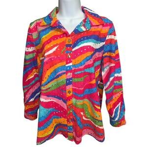 John Mark PM Top Button Up Pink Blue Eyelet Cotton Roll Tab Sleeve Petite Medium